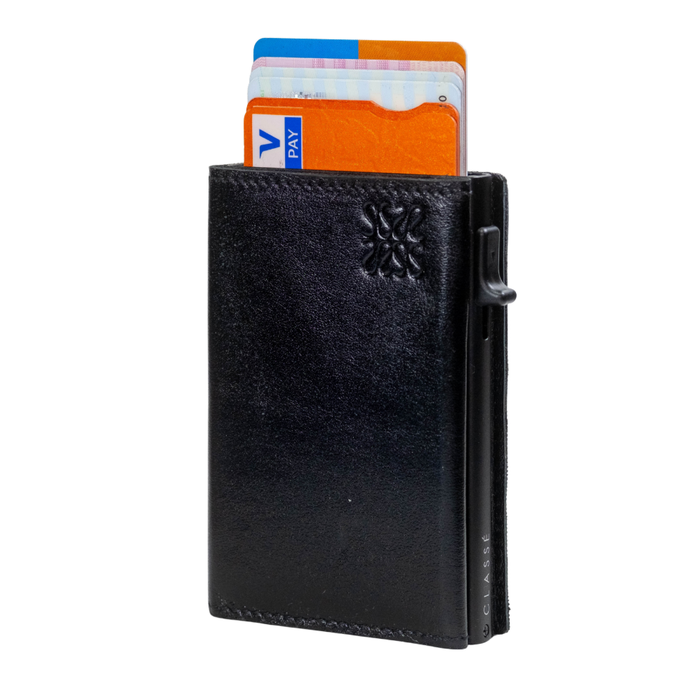 black minimalist leather wallet Classè front view premium black leather minimalist wallet design elegant black leather wallet genuine texture slim black leather wallet men minimalist design black minimalist leather wallet on surface Classè luxury black leather wallet texture detail compact black leather wallet elegant design modern minimalist black leather wallet design premium black leather wallet men style Classè black leather wallet premium finish